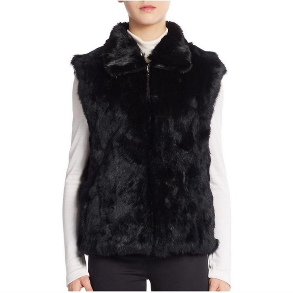 Saks Fifth Avenue Real Rabbit Fur collared black zip up down vest with collar